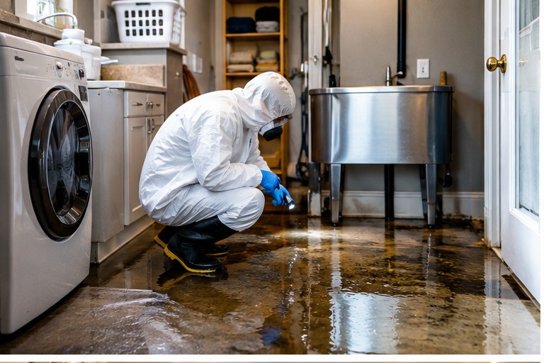 Technician tracing sewage contamination through a home
