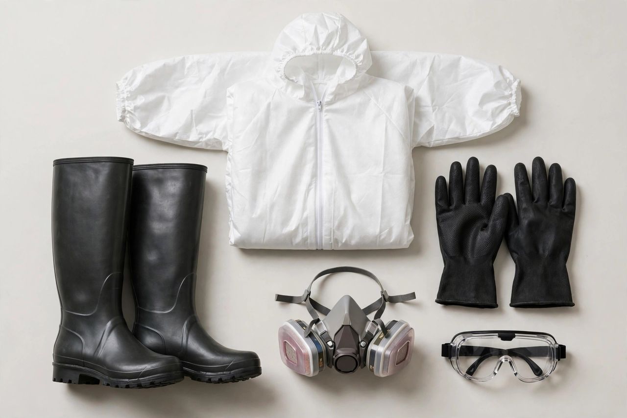 Protective gear worn for sewage cleanup work